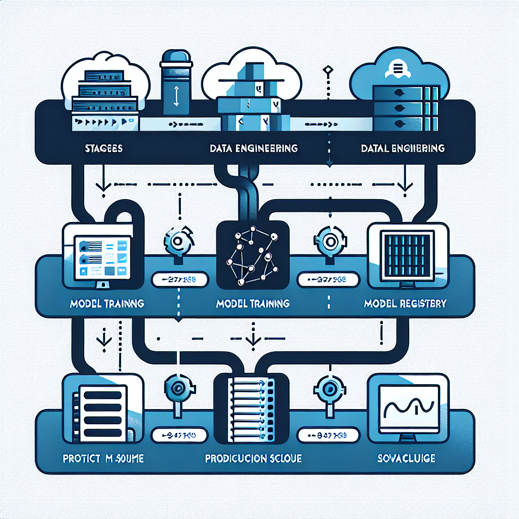 MLOps pipeline architecture diagram showing data engineering, model training, model registry, and production serving stages